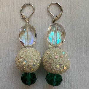 Snowball Drop AB Faceted Crystal Green Acrylic Beaded Drop Silver Tone Earrings